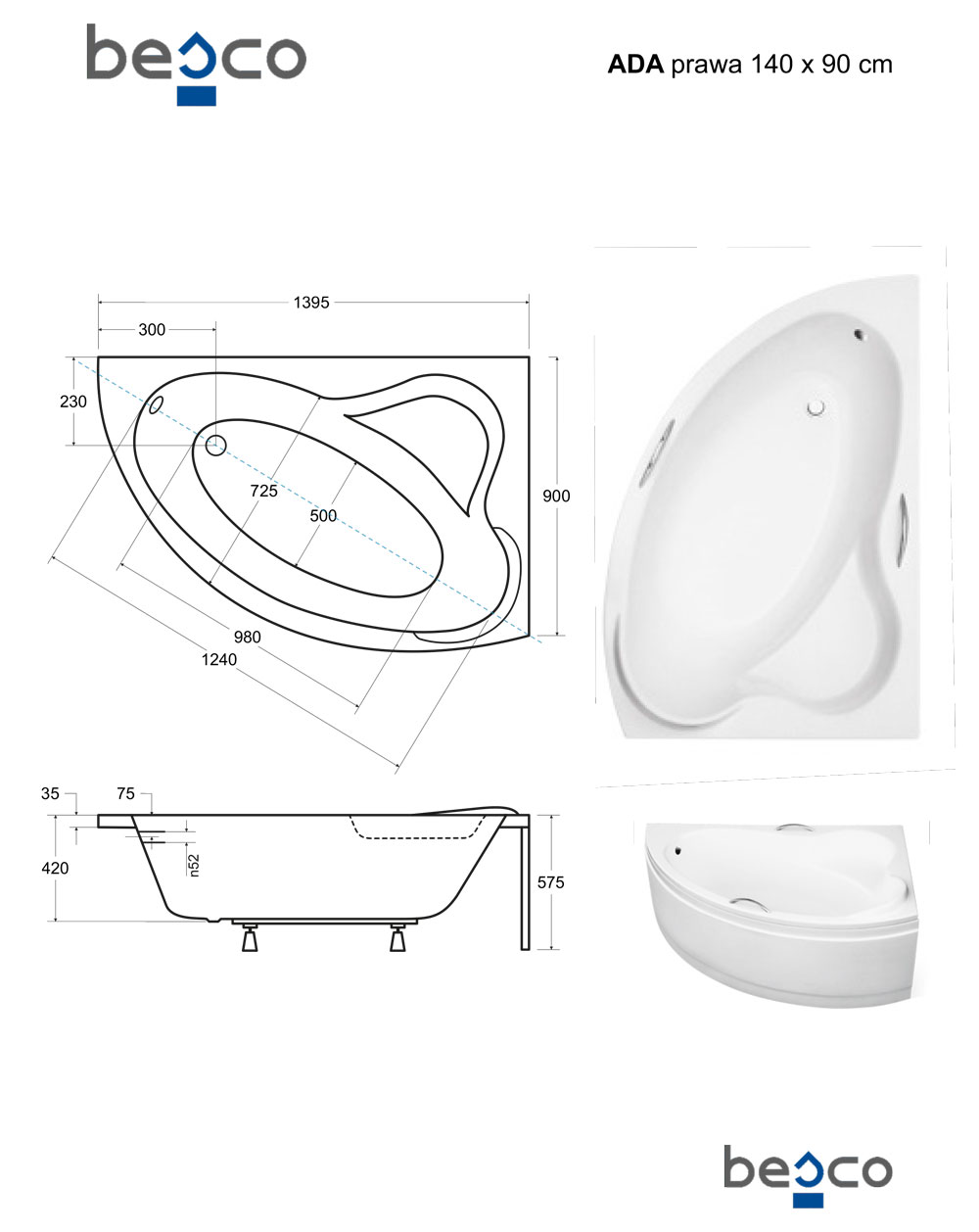 Besco Ada 140x90 Akril Jobbos Aszimmetrikus Kád - KádOutlet.hu ...